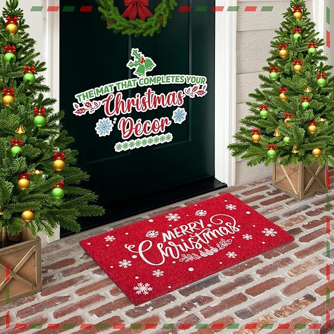 LuxUrux Merry Christmas Door Mat Outdoor 30x17 Inch - Elegant Winter Holiday Coir Doormat, Absorbent and Non-Slip for Outdoor Entrances Front Door.