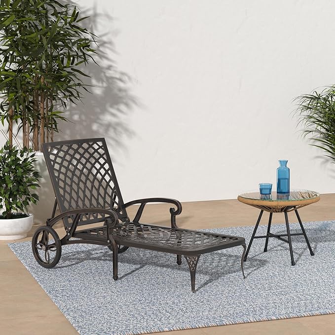 VINGLI Cast Aluminum Outdoor Chaise Lounge Chair with Wheels, Patio Chaise Lounge with 3-Position Adjustable Backrest, Tanning Chair Reclining Chair for Poolside (Bronze, Without Cushion)