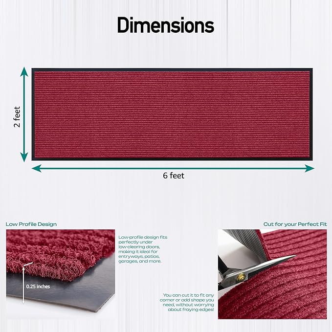 LuxUrux Durable Rubber Door Mat - Heavy Duty Doormat for Indoor/Outdoor Use - Easy to Clean, Waterproof, Low-Profile Entry Mat - Ideal for Entry, Patio, Garage - Striped Red Design (2 x 6 Feet)