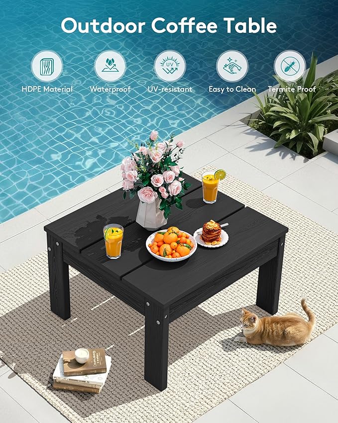 SERWALL HDPE Outdoor Furniture Set, 2 Seats Outdoor Sectional with Coffee Table, All Weather Patio Sofas, Outdoor Conversation Sets with Adjustable Backrest Sofa for Backyard, Garden, Black with Grey