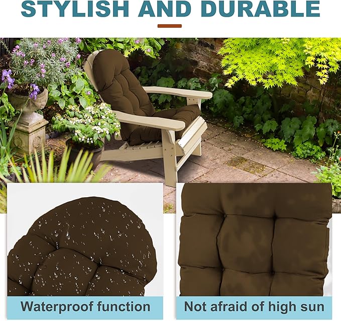 Large Adirondack Chair Cushion, Rocking Chair Cushion 50x20.8x4 inch, High Back Patio Cushions of Upper and Lower with Ties, Sunscreen and Fade-Resistant (Brown, 2)