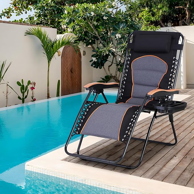 Sophia & William Oversized XXL Zero Gravity Chair Padded, Folding Lounge Chair Outdoor Gravity Chair with Wide Armrest and Cup Holder, Support 400 LBS, Black