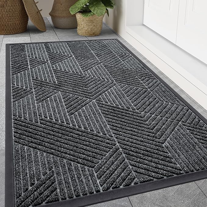 Smiry Front Door Mat Outside Entrance, Heavy Duty Sturdy Natural Rubber Doormat, Trap Dirt and Moisture, Easy Clean Low Profile Mats for Indoor Outdoor Entry, Irregular Triangle (47x32, Grey)