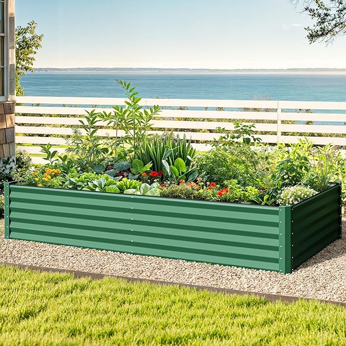 DWVO 8 x 4 x 1.5 FT Raised Garden Bed Kit, Outdoor Galvanized Flower Bed with Safety Rubber and Gloves, Large Metal Planter Box for Vegetables, Flowers, Herbs, Fruits, Green