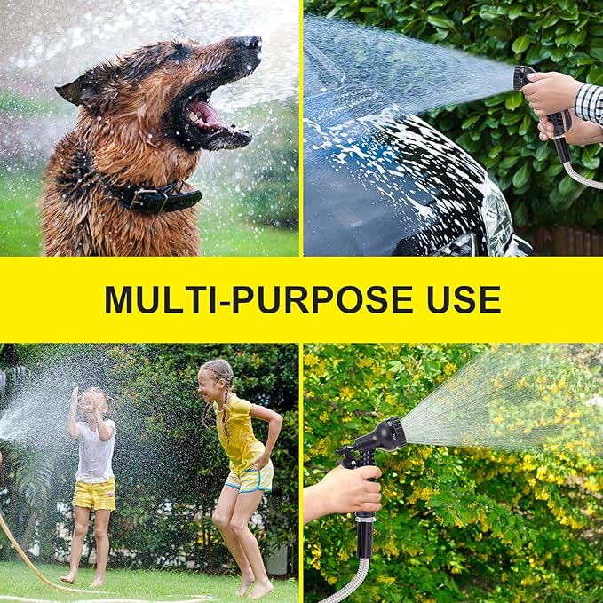 FOXEASE Metal Water Hose 100 ft - Stainless Steel Water Hose with 2 Nozzles, Lightweight, Tangle Free & Kink Free, Heavy Duty, High Pressure, Flexible, Dog Proof