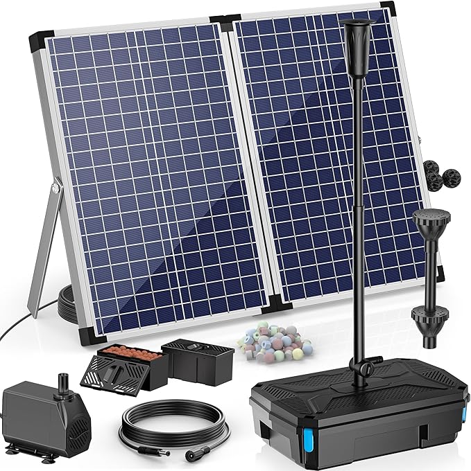 NFESOLAR 70W Solar Pond Filter Fountain Kit, All-in-One 3-Layer Filtration System with 660 GPH Submersible Fountain Pump for Outdoor Ponds, Fish Tank, Pool, Garden Waterscape N3397