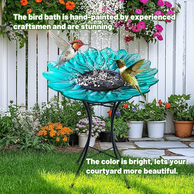 HONGLAND Bird Bath for Outside,15" Diameter Large Glass Birdbaths for Outdoors,Detachable Bird Baths Bowl with Metal Stand for Garden Patio Lawn Decor,19" Height - Green