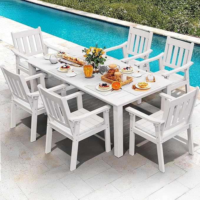 YEFU HIPS Patio Table Set: 7 Piece Outdoor Table and Chairs Dining Furniture Set with Umbrella Hole - White Modern Plastic Dining Sets 6 Person for Outside Deck with Metal Aluminum Frame
