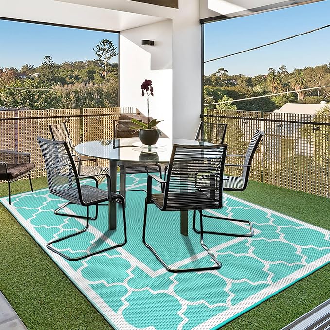GENIMO 5 ' x 8 ' Outdoor Rug for Patio Clearance, Waterproof Indoor Outdoor Plastic Straw Rugs Carpet, Reversible Outside Area Mat for Camping, Balcony Porch, Deck, Picnic, Beach Aqua Blue & White