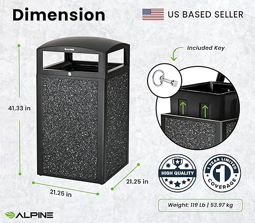 Alpine Industries 40 Gallon Commercial Outdoor Trash Can, Metal with Removable Bin & Locking Lid (Black, Grey Stone)