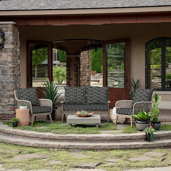 Arden Outdoor Foam Deep Seat Cushion Set, 24 in x 24 in, Weather-Proof, Rain-Proof, Fade Resistant Patio Cushion, Bottom and Back Cushion for Chair, Sofa, and Couch Black Global Stripe