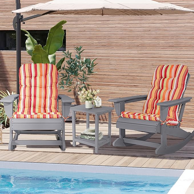 Sundale Outdoor Adirondack Rocking Chair with Cushion, HDPE Patio Plastic All Weather Adirondack Rocker, Water Resistant for Outside, Garden, Pool, Yard, Grey