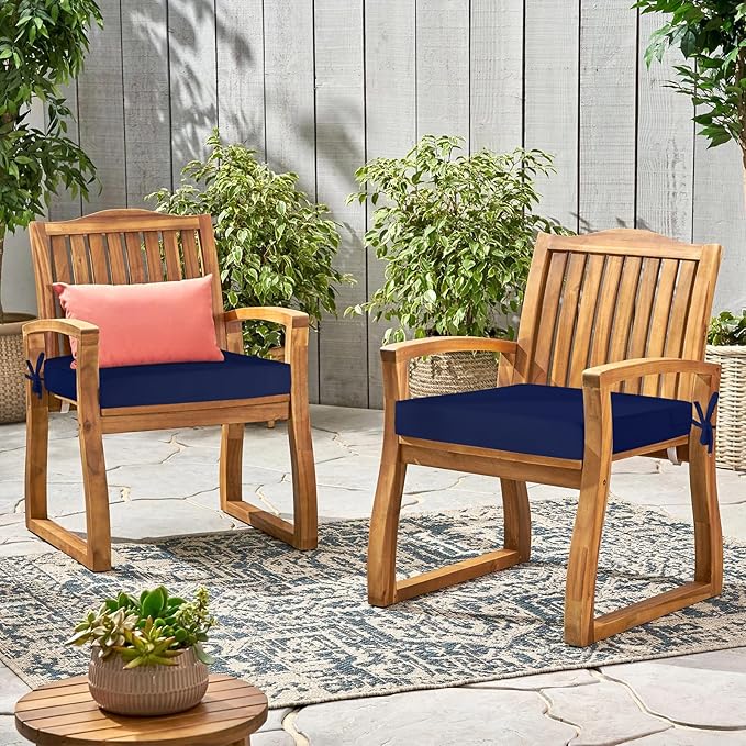 Waterproof Outdoor Chair Cushions Set of 2, Square Outdoor Seat Cushions with Ties and Removable Covers, 19 x 19 Outdoor Cushions for Patio Furniture with Portable Handle(Navy)
