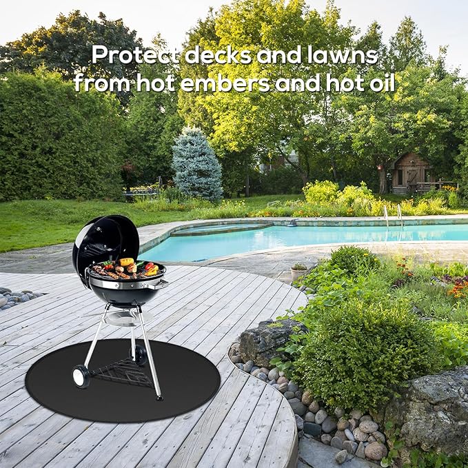 48'' Fire Pit Mat for Solo Stove Bonfire, Round Fireproof Under Grill Mat, Oil-Proof Waterproof BBQ Pad for Deck Patio Grass Outdoor Grill Accessories, Portable and Reusable, Glossy Black
