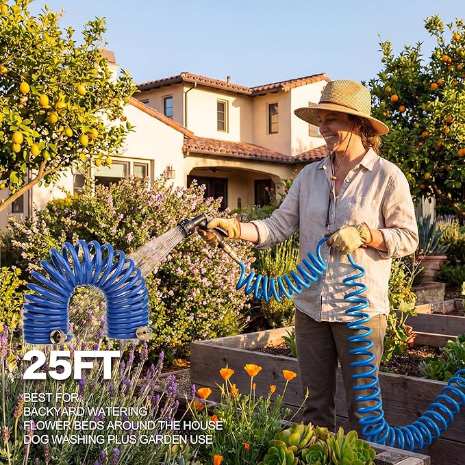EVA Coil Garden Hose for Gardener: Retractable Self Coiling Hoses with 3/4" GHT Solid Brass Fittings - Kink Free and Flexible for Home and Garden Yard (25FT, Blue)