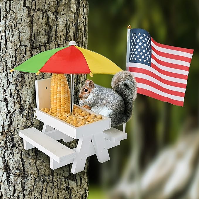 Squirrel Feeder Picnic Table with Colorful Umbrella, Wooden Squirrel Table Feeder Outside Funny with Corn Cob Holder for Yard and Porch Decoration, Easy to Fill Peanuts in Shell and Nuts