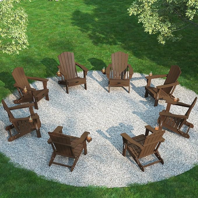 Folding Adirondack Chair Set of 8,HDPE All-Weather Outdoor Chair with Cup Holder,Wooden Textured,Fire Pit Chair,Plastic Patio Chair for Deck,Backyard,Garden,Lawn(Brown)