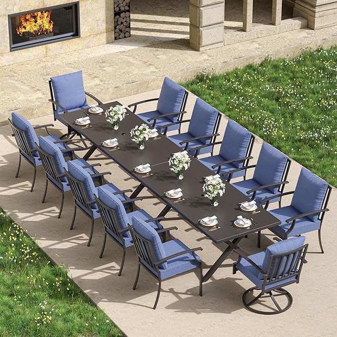Kullavik 14 PCS Outdoor Dining Table Set for 12,Fence Pattern Back Chairs & Swivel Chairs,Iron Longboard X-Leg Table w/Parasol Hole,Patio Furniture Set for Backyard,Garden,Poolside-Navy Blue
