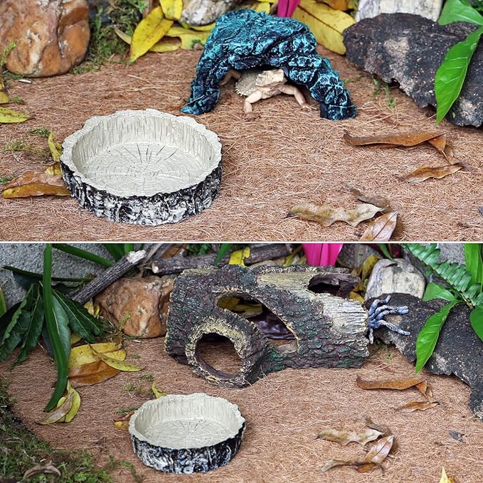 Tree Trunk Food/Water Dish for Amphibians, Reptiles and Other Little Critters, Made from Premium Non-Toxic Resin - Small Size