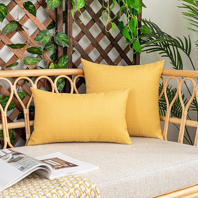 Kevin Textile Outdoor Waterproof Lumbar Pillow Covers 14x24 Inch Pack of 2 Checkered Decorative Rectangle Cushion Throw Pillowcases Shell for Patio Tent Garden Couch Bed Sofa Yellow