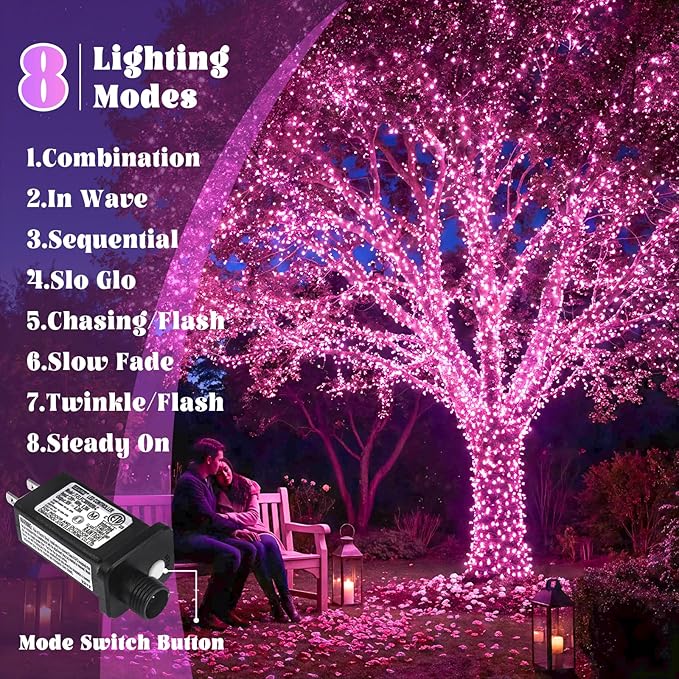66FT 200 LED Outdoor String Lights, Connectable Pink Valentines Lights Waterproof with 8 Modes, Plug in Twinkle Fairy Lights Clear Wire for Indoor Bedroom Home Wedding Patio Patry Decorations