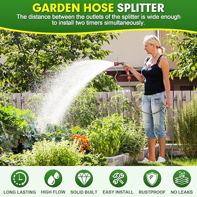 Hose Splitter 2 Way, High Flow Garden Hose Splitter, 3/4” Ght Inlet Brass Heavy Duty Hose Converter, Full Flow water 2 Way Faucet hose splitter, Long Handle Hose Valve Large Outlet.