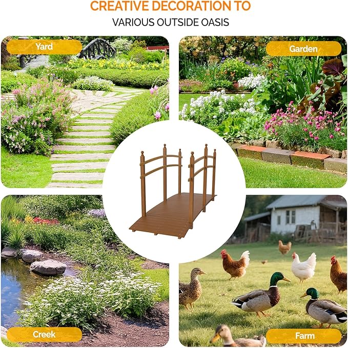 VINGLI Garden Bridge, Classic Wooden Bridge with Safety Rails, Decorative Arhced Footbridge for Patio Pond, Creek, Pathway (Brown, 7.5 ft)