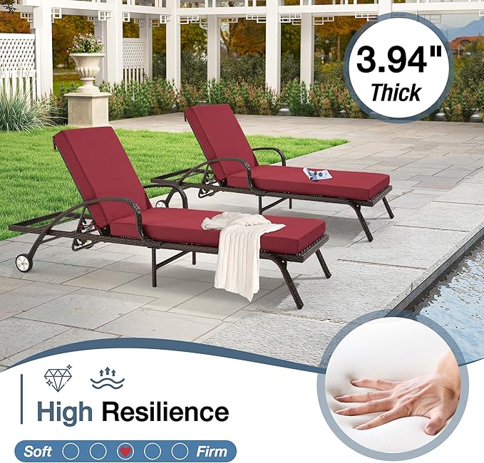 HOMREST 73.2x22.8x3.94 inches Lounge Chair Cushion Set of 2,Outdoor Chaise Lounge Cushion with Splash Fade Tear Resistant Fabric,Wine Red