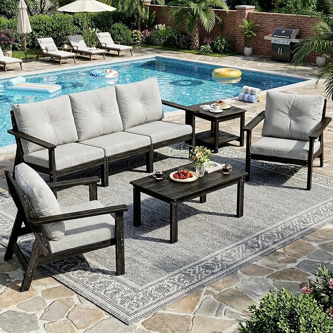 7-Piece HDPE Patio Furniture Set, Outdoor Sectional Sofa Set,All Weather Outdoor Couch with Dust-Free Cushions, Durable Patio Conversation Sets for Balcony, Porch, Black