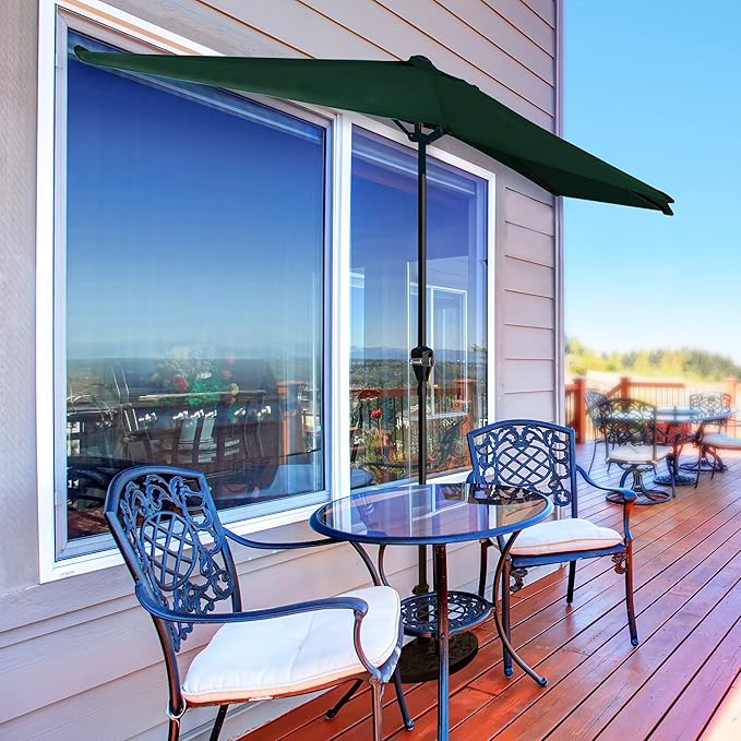 Half Umbrella Outdoor Patio Shade - 9 ft Half Patio Umbrella with Easy Crank - Small Canopy for Balcony, Table, or Deck by Pure Garden (Hunter Green)