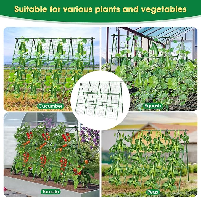 71x51 Inch Cucumber Trellis for Raised Bed,Foldable A-Frame Garden Trellis for Climbing Plants Outdoor with Climbing Net,Plastic-Coated Steel Core,for Cucumber Beans and Vine Type Plants