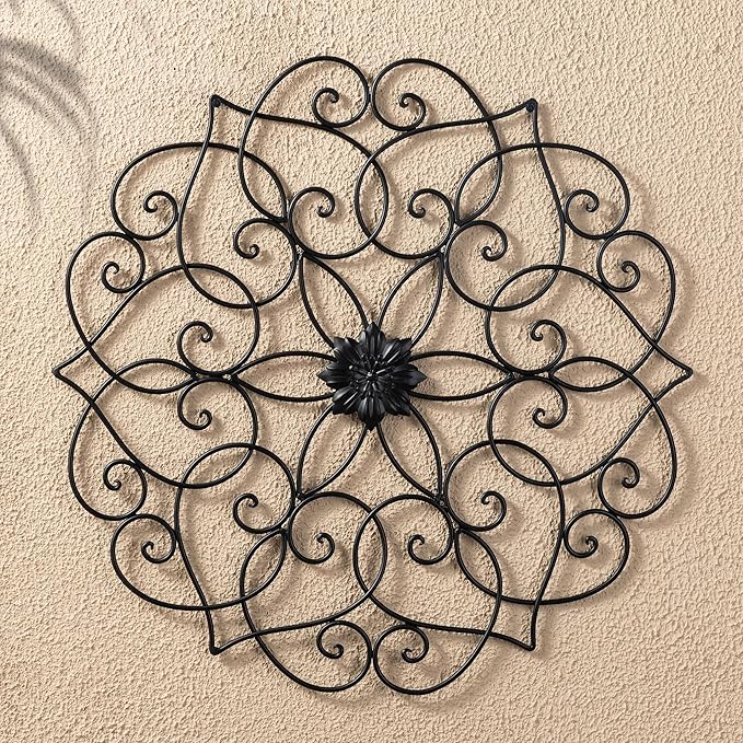 Glitzhome Black Metal Wall Art Decor, 23”H Floral Iron Wall Decor with Ornamental Scroll Design, Indoor Outdoor Wall Accent for Garden Porch Patio
