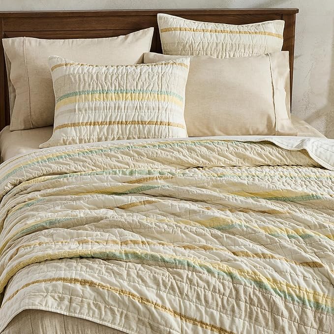 Wonderful 100% Cotton Quilt Set King Size Fall Bedding Set Natural Dyed, Cozy & Breathable Striped Coverlet, Soft Pre-Washed Bedspread with Shams (Light Yellow/Green Stripe)