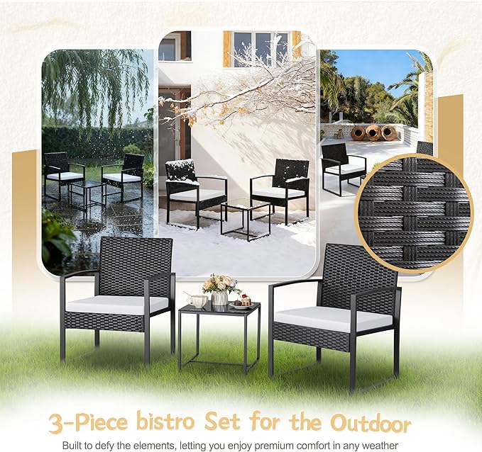 Greesum 3 Piece Wicker Conversation Bistro Sets Outdoor Patio Set Modern Rattan Chair Furniture Sets with Coffee Table for Yard Garden Porch Lawn (White)