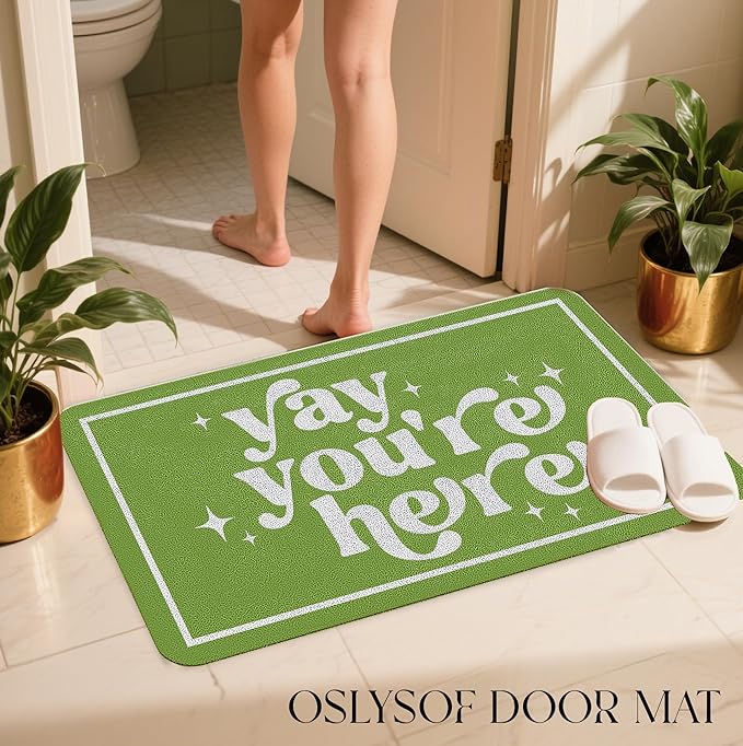 Funny Green Door Mat, Yay You're Here Doormat for Front Door Indoor Outdoor Porch Entrance Entryway, Funny Welcome Mat Outside, 17x30 Inches