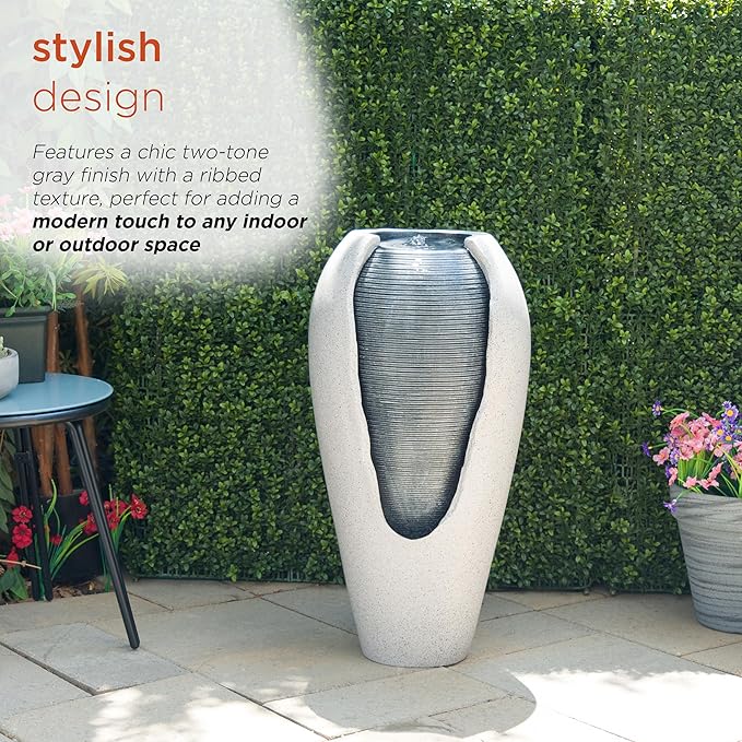 Alpine Corporation - 29" Tall Two Tone Ribbed Jar Floor Fountain with LED Lights – Elegant Indoor/Outdoor Water Feature, Easy Setup with Pump & Plug-in Design (Gray)
