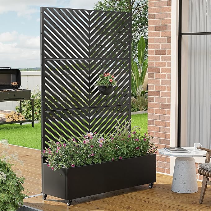 Casaphoria Metal Raised Garden Bed with Trellis and Wheels, 72"x47"x16" Planter Box for Climbing Plants, Vegetables & Vines, Features Drainage Holes and Privacy Screen (Black-Parallel)
