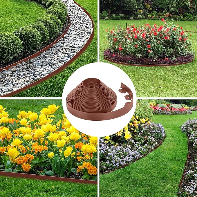 4-Inch x 33 FT Landscape Edging Border with 50 Spikes, Garden Edging Lawn Border Kit, Plastic Edging Border Flexible for Garden Flower Beds Lawn Yard Pathway (Brown)