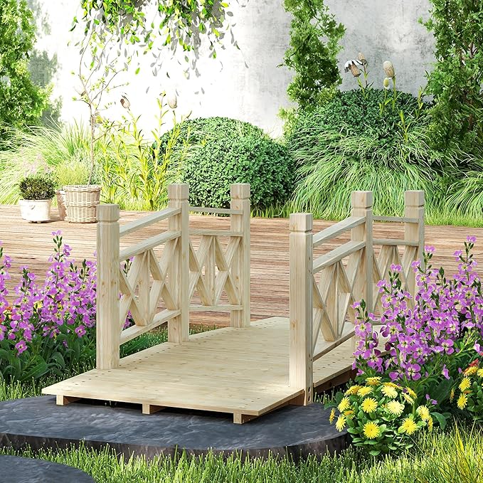 5FT Wooden Garden Bridge with Handrails, Decorative Landscape Footbridge for Yard, Pond, Farm or Creek - Rust-Resistant Cedar Construction, Easy Assembly & 300LB Capacity, Nature Wood