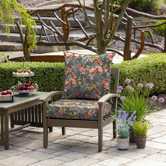 Arden Outdoor Foam Deep Seat Cushion Set, 24 in x 24 in, Weather-Proof, Rain-Proof, Fade Resistant Patio Cushion, Bottom and Back Cushion for Chair, Sofa, and Couch Phoebe Grey Floral