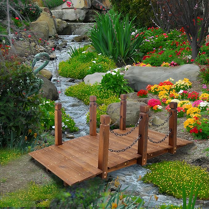 5FT Wooden Garden Bridge with Chain Handrails, Decorative Landscape Footbridge for Yard, Pond, Farm or Creek - Rust-Resistant Cedar Construction, Easy Assembly & 500LB Capacity, Brown