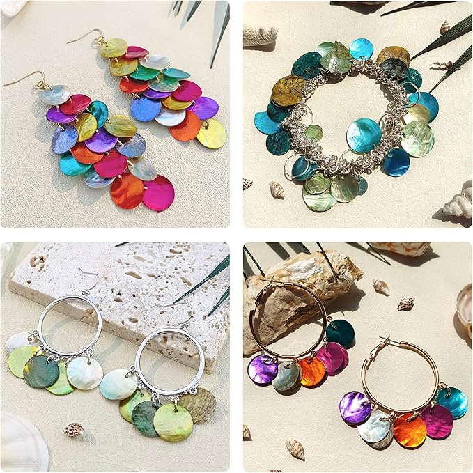 Firstmeet Shell Beads 150pcs Natural 15mm Flat Round Mussel Shell Coin Drop Charm Beads with Iridescent Back for Handcraft Jewelry Making(DIY-1023-Green Glow-15)