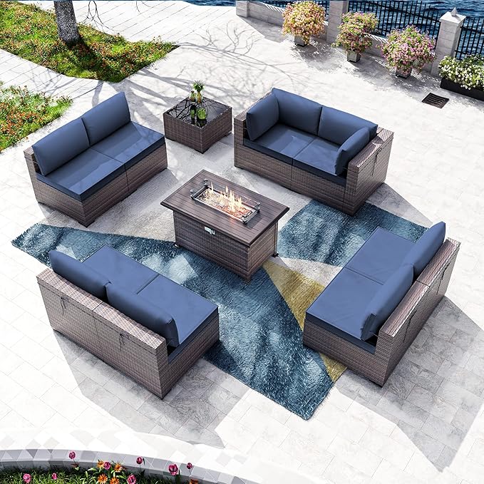 Kullavik 10 Pcs Outdoor Patio Furniture Set with 43" Gas Propane Fire Pit Table PE Wicker Rattan Sectional Sofa Patio Conversation Sets,Navy Blue