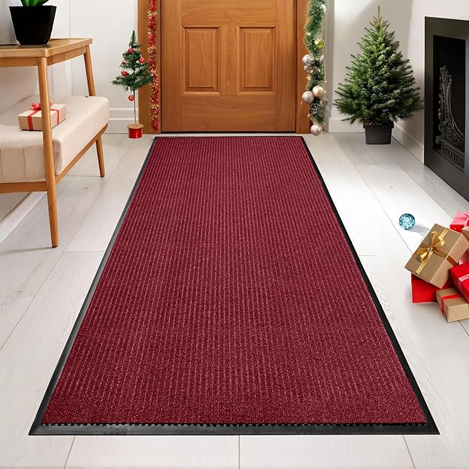 LuxUrux Striped Red Door Mat - Heavy Duty, Indoor/Outdoor, Easy Clean, Waterproof, Low-Profile (4 x 6 Feet) - Ideal for Entry, Patio, Garage - Durable Solution for High Traffic Entrance Ways