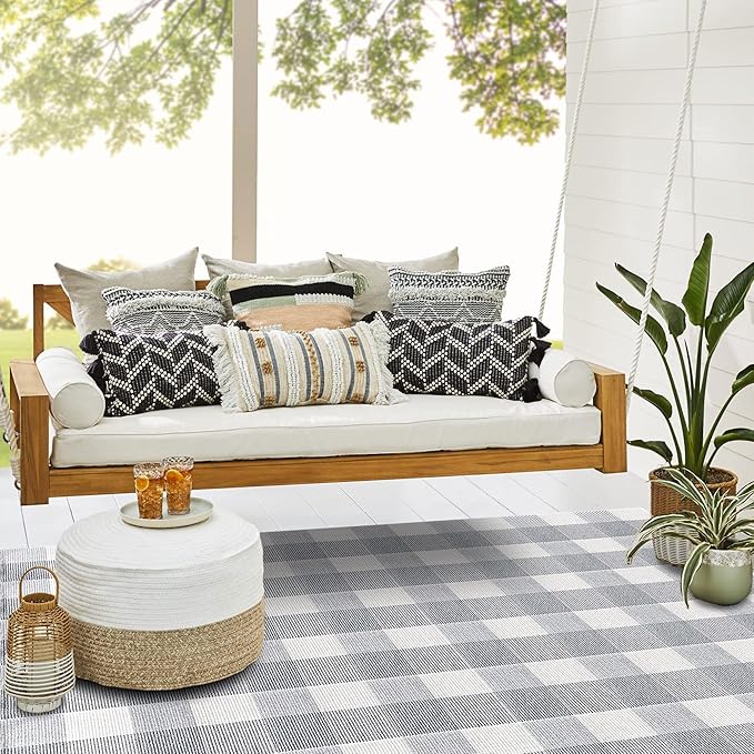 SEEKSEE Cotton Buffalo Plaid Rug 4'x6' Gray and White Checked Rug Washable Doormats Indoor Outdoor Rugs for Layered Front Door Mats, Porch, Kitchen, Farmhouse, Entryway