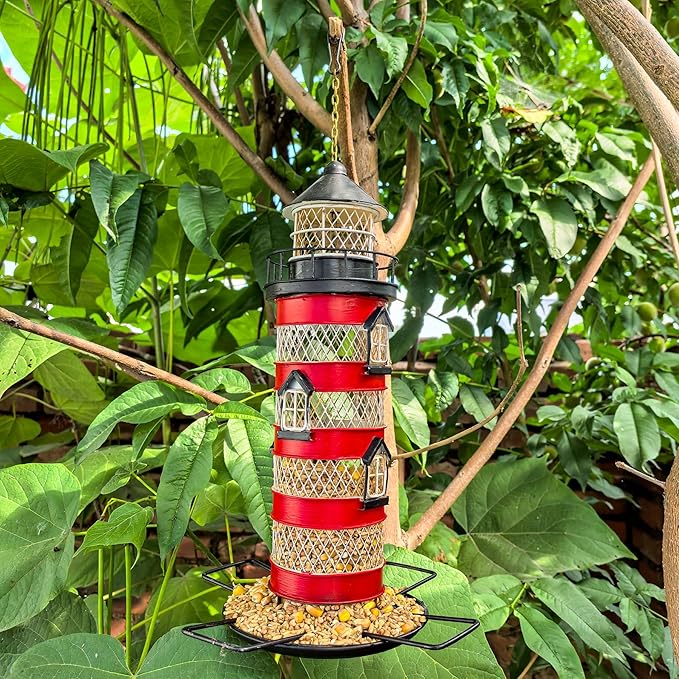 Berfutall-Metal Bird Feeders for Outdoors Hanging, Gravity Protection Squirrel-Proof Wild Birdfeeder，Mesh Hanging Feeder for Eaves, Balcony, Trees - Rotating Beacon, Ideal Gift for Bird Lovers (A)