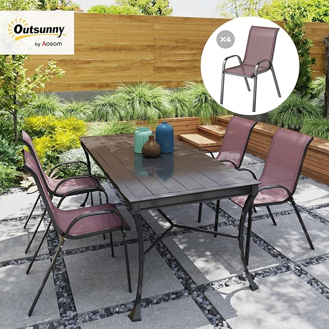Outsunny Outdoor Dining Chairs Set of 4, Stackable Patio Dining Chairs, High Back Outdoor Patio Chairs with Breathable Mesh Seat, Metal Frame for Garden Lawn Backyard, Brown