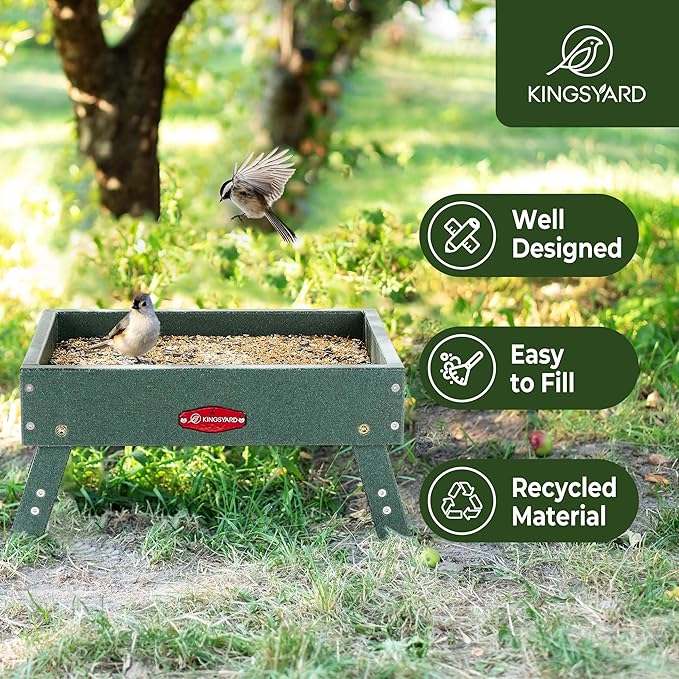 Kingsyard Ground Bird Feeder for Outdoors - Recycled Plastic Platform Feeder for Wild Birds, Squirrels, Chicken, 5 LBS Large Capacity, Green