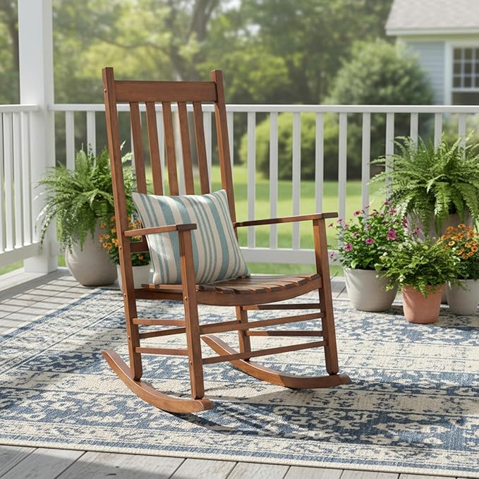 Shine Company Vermont Porch Rocker, High Back Wood Rocking Chair, Oak