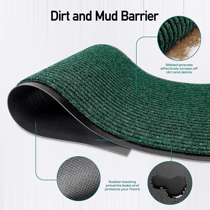 LuxUrux 2x6 ft Heavy-Duty Rubber Door Mat - Stylish, Durable, Waterproof, Low-Profile for High Traffic Areas, Stripped Green